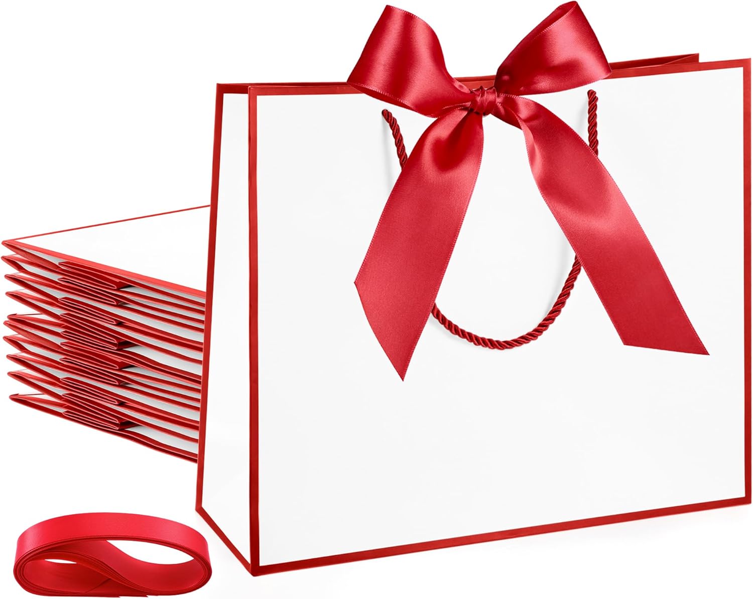 Silkfly Thank You Gift Bags with Handle 12x10x4'' Welcome Return Gifts Bag with Bow Ribbon for Wedding Bridesmaid Baby Shower Birthday Housewarming Employee Appreciation Day(White, Red,12 Pcs)