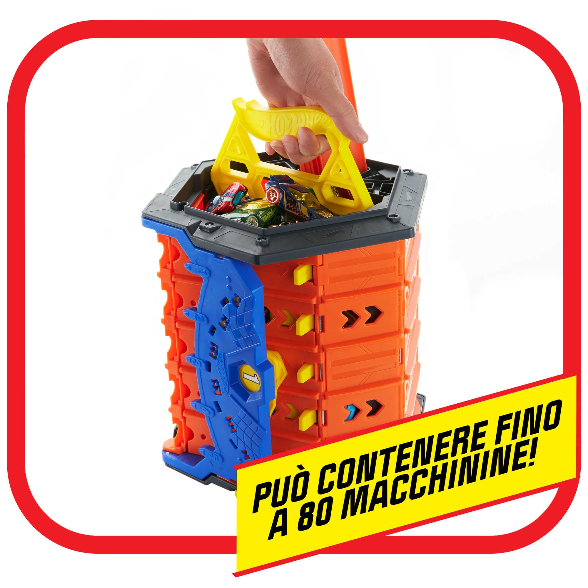 Hot Wheels- Pista Srotolabile Super Discesa, Bauletto si Trasforma in Pista a 5 Corsie, Include 1 Macchinina in Scala 1:64, Imballaggio Sostenibile, Giocattolo per Bambini 4-10 Anni, HGK41