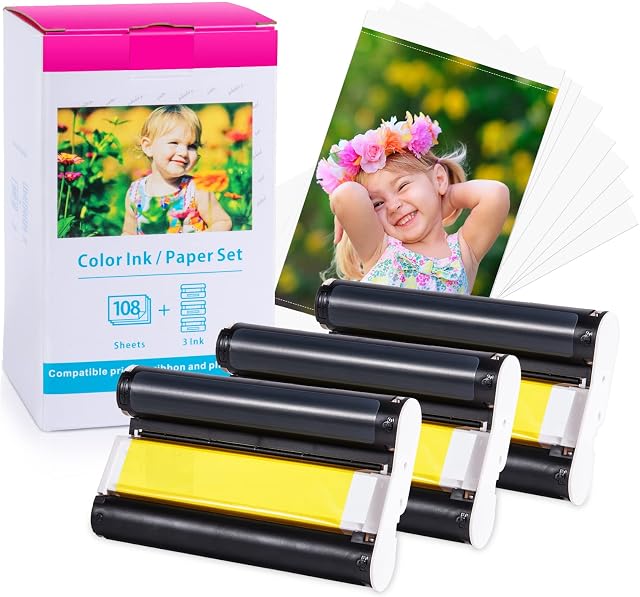Replacement for Canon KP-108IN Ink and Paper Set for Selphy CP Series Photo Printers CP1300 CP1200 CP1000, 108 Sheets Photo Paper (4 x 6 inch) and 3 Color Ink Cassette