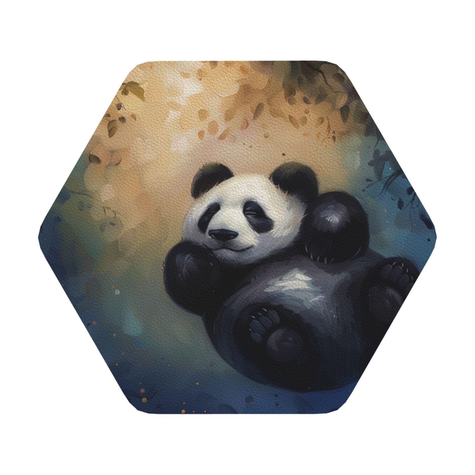 Panda Print Leather Coaster Set of 6, Hexagon Coasters Table Decorative Coffee Cup Beverage Coasters Wine Beer Bar Coasters for Hot Drinks Table Protection