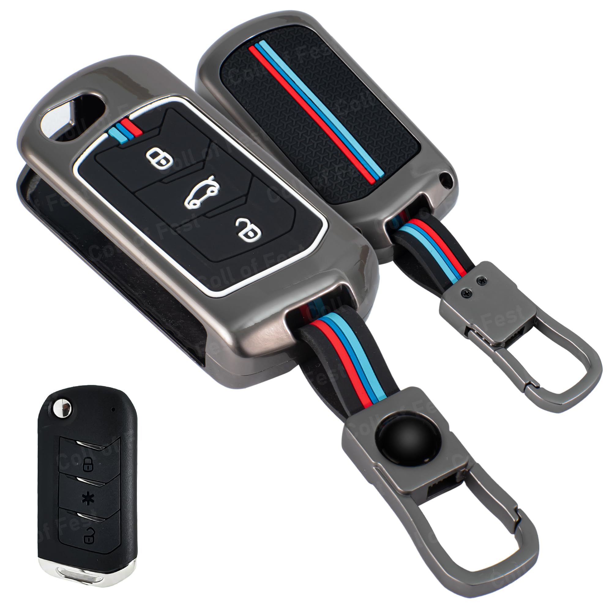 Coll of Fest Metal Silicon Key Cover Compatible with Mahindra Scorpio, Marazzo | Xuv 300, Xuv 700 | Xuv 400 Ev | Bolero | Thar | Tuv 3 Button Flip Key Feature Visibility in Low-Light Condition, Black