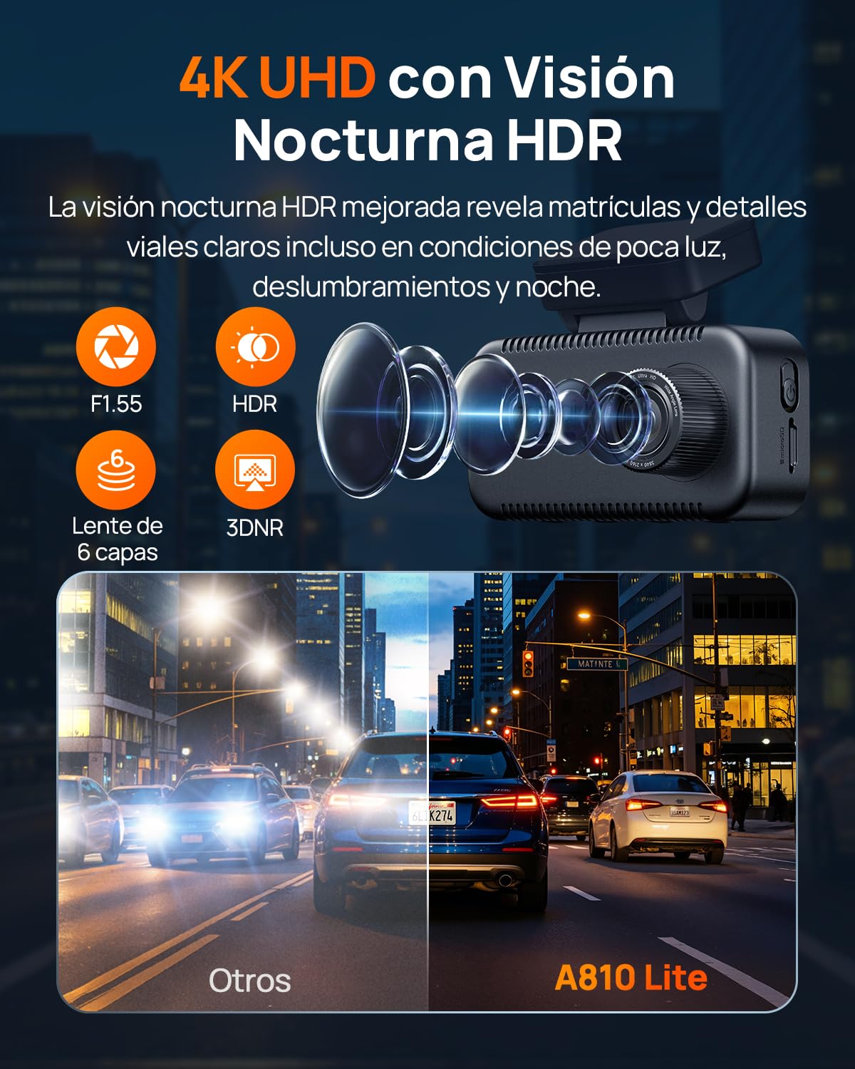 70mai A810 Lite Cámara de Salpicadero 4K Doble, WiFi 6 5GHz, 4G LTE Remoto, GPS, Visión Nocturna HDR, Vigilancia 24h Estacionamiento, Control por Voz, Bloqueo de Emergencia y Grabación Continua