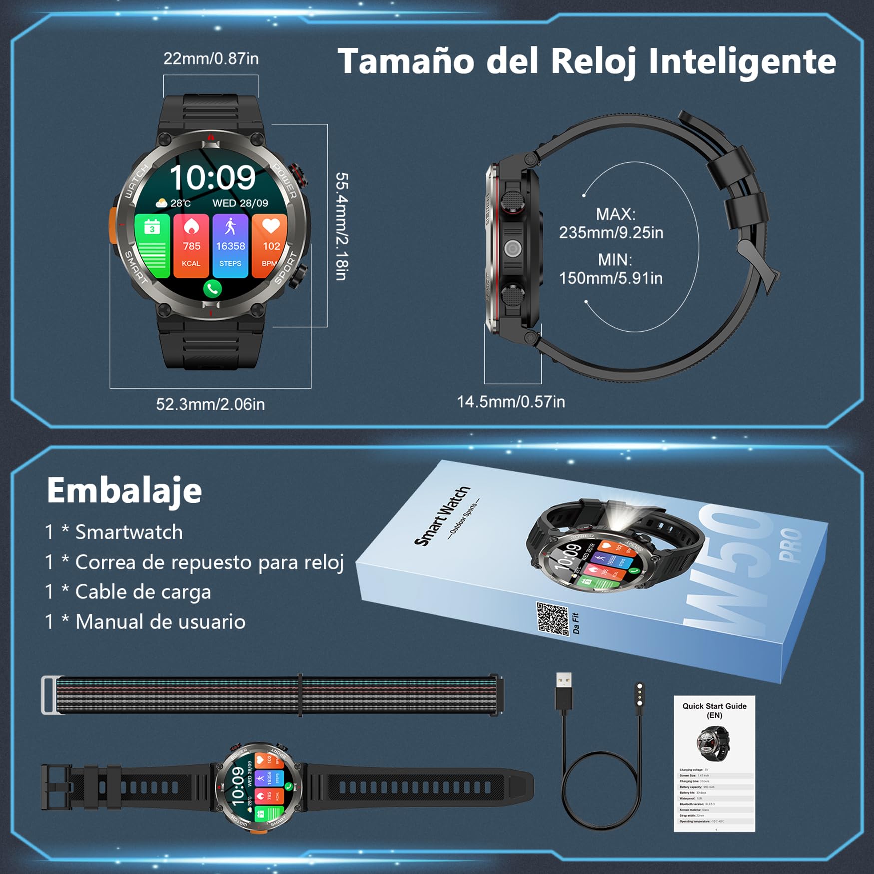 Reloj Inteligente Hombre, W50Pro Smartwatch Hombre con Linterna y Brújula, Smartwatch con Llamadas Bluetooth, Batería Grande de 960 mAh, Monitor Sueño, Podómetro, Pulsera Actividad Impermeable IP68