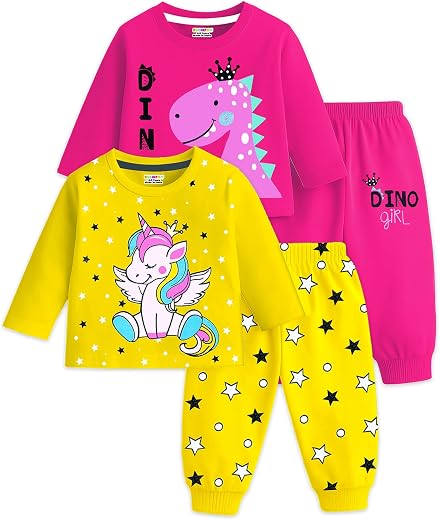 Kuchipoo Girls Regular Fit Cotton T-Shirts and Pyjamas Clothing Set