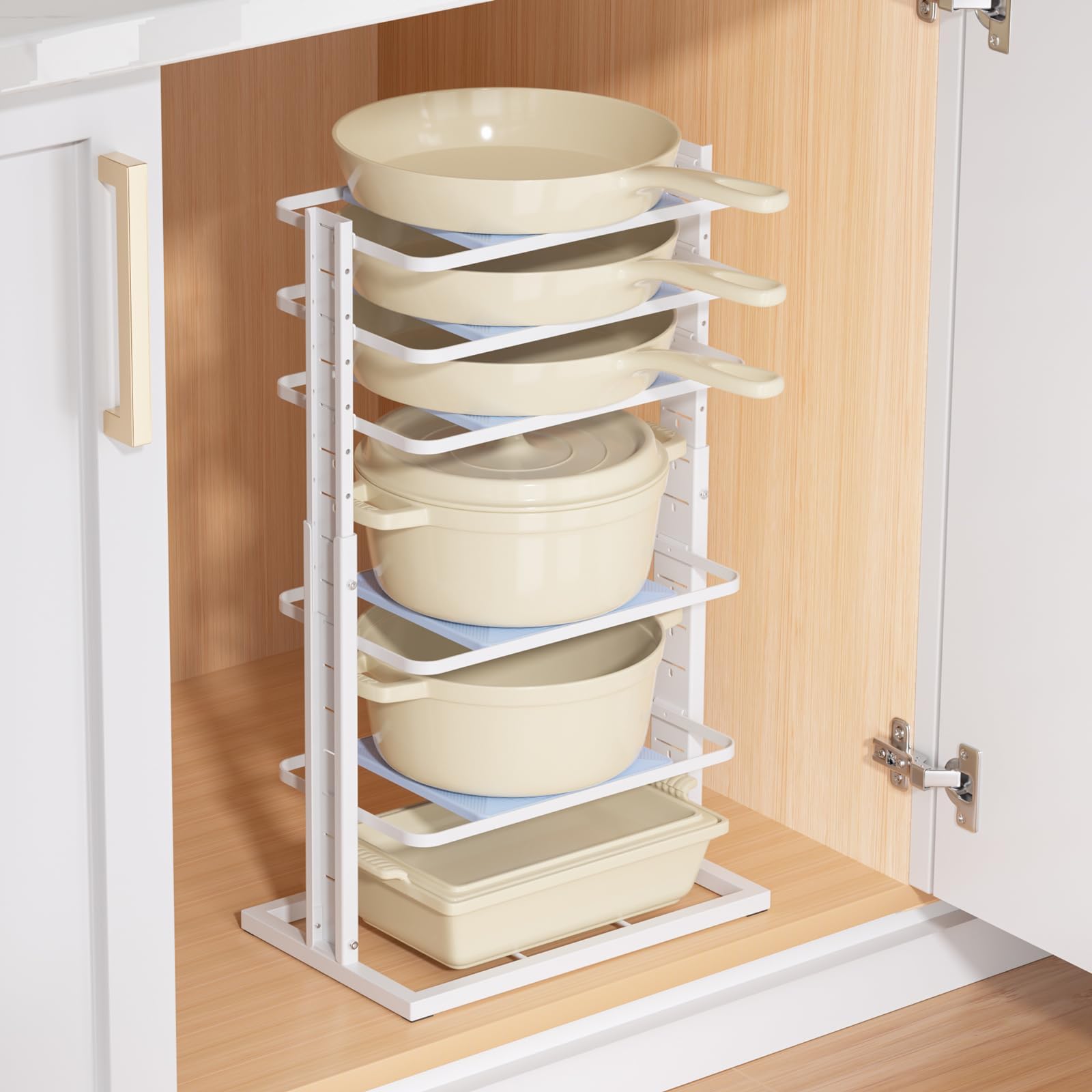 LAMU Pots and Pans Organizer for under Cabinet，6-Tier Heavy Duty Adjustable Pan Pot Organizers inside Cabinet, Pot Rack for Kitchen Cabinet Organization and Storage White