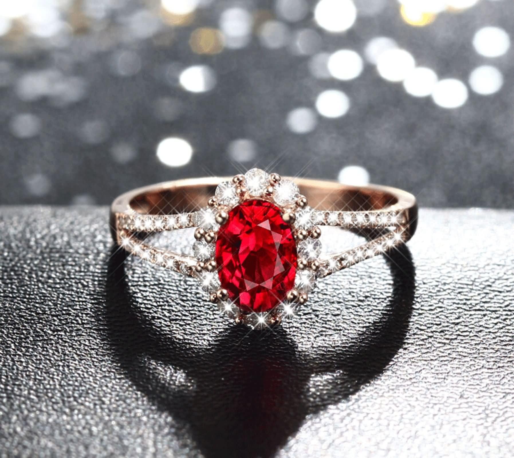 Beydodo Anillos de Matrimonio Oro Rosa de 9 14 18 K para Mujer con Flor y Oval con Rubí Creado y Moissanita, Anillo de Matrimonio Oro Rosa para Mujer