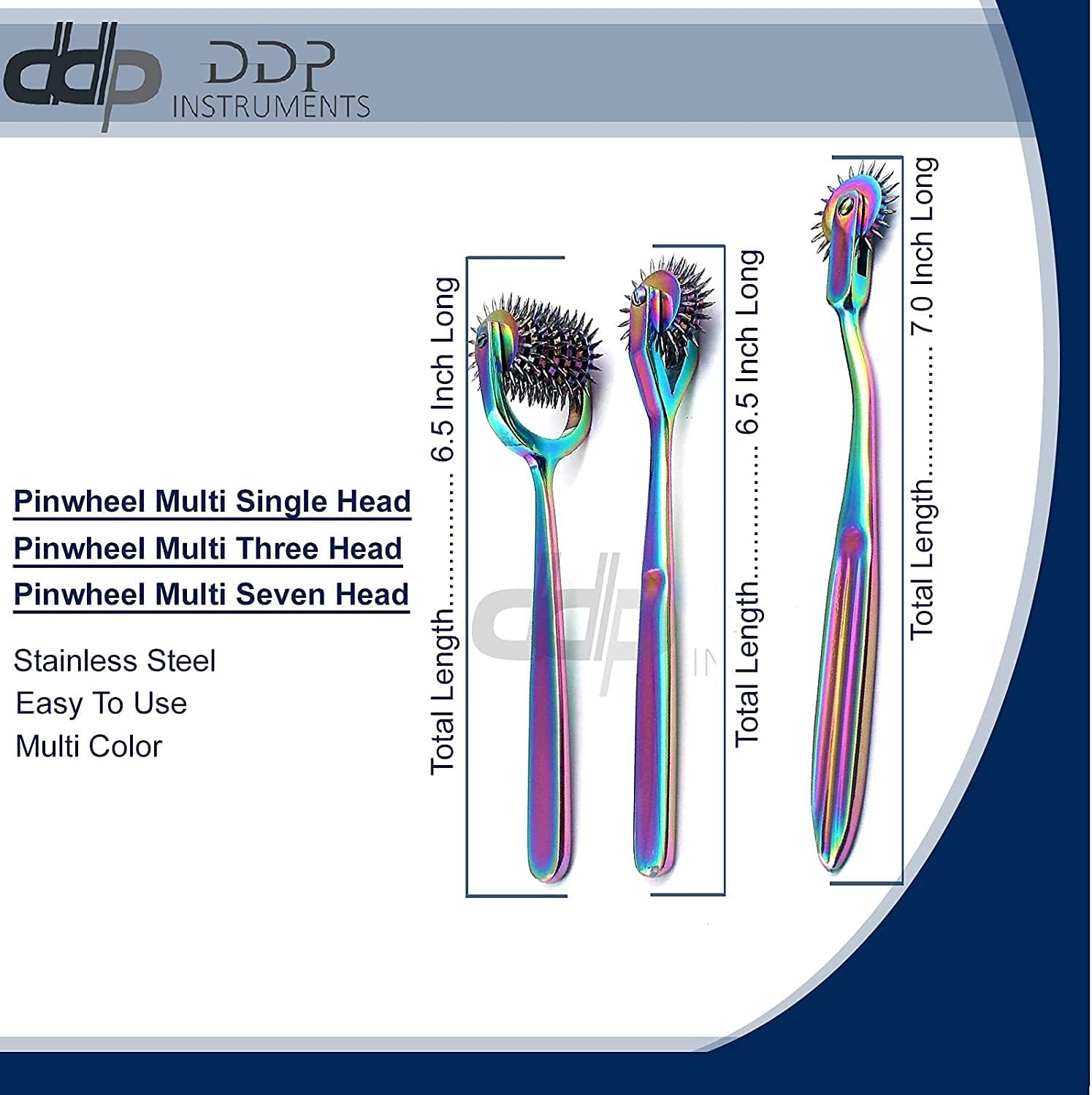 DDP Set Of 3 Wartenberg Pin Wheel Pinwheel 1, 3, & 7 Head Multi Color Rainbow