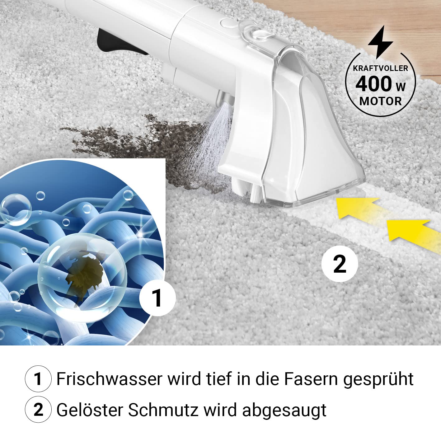 Aspirador de lavado Portable Clean | Limpiador de tapicería y alfombras, ligero y compacto, quitamanchas, potente motor de 400 W, depósito de agua fresca y sucia