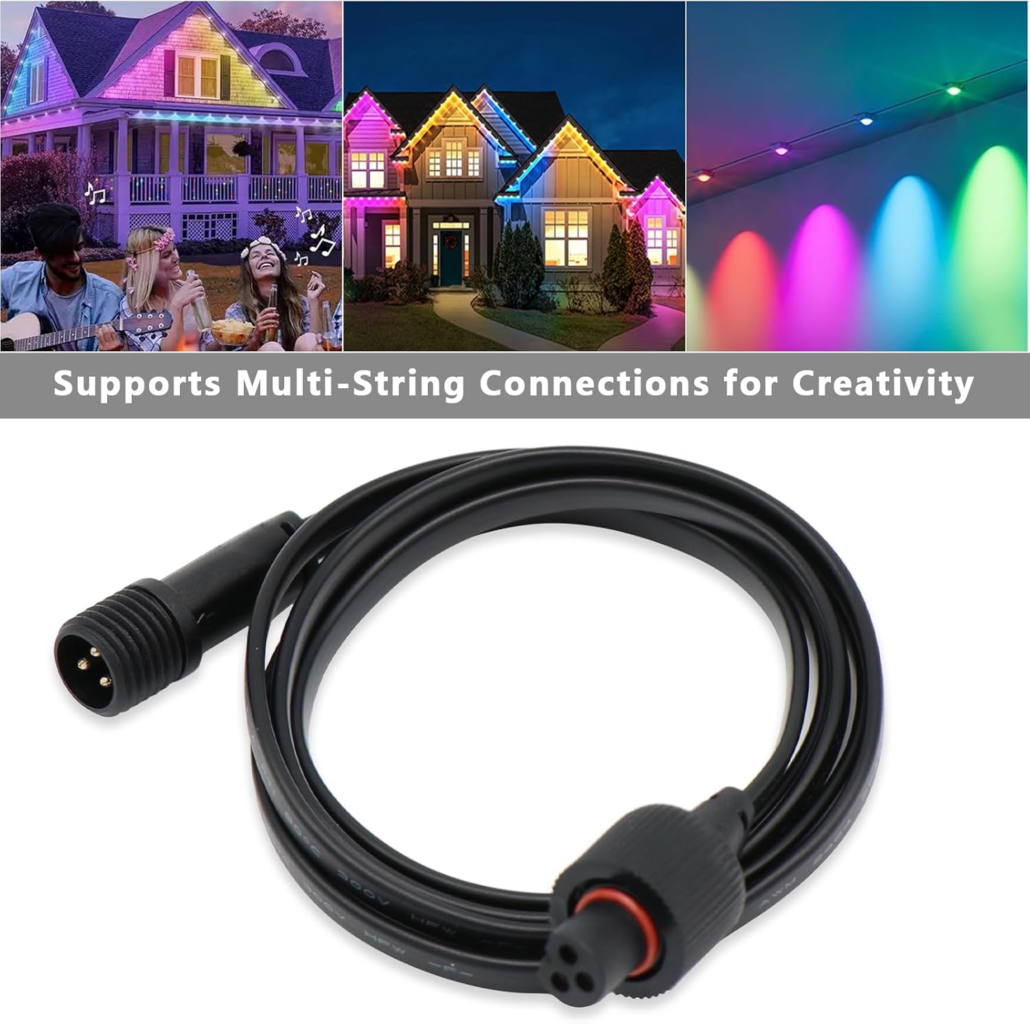 10ft 3-Pin Extension Cable Compatible with Govee Permanent Outdoor Lights Pro (H706A H706B H706C H806A H806B H806C) – IP68 Waterproof Outdoor Connector (Black)