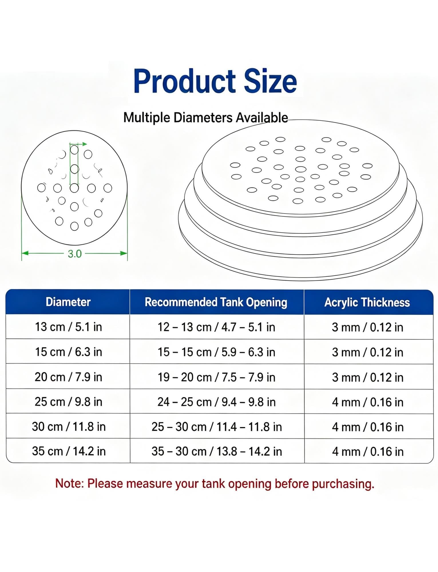 Tapa Redonda de acrílico Transparente para acuarios, 8–50cm