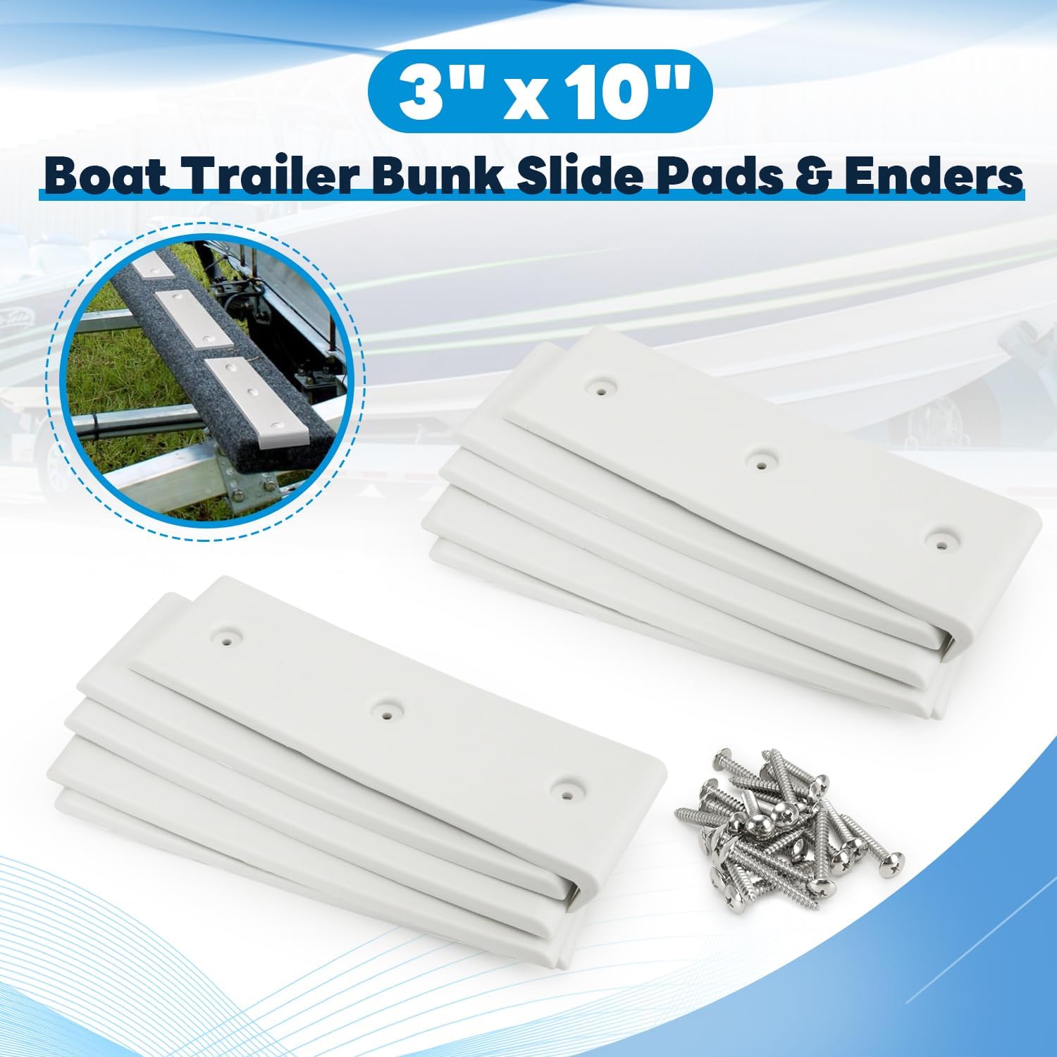 8 PCS Boat Trailer Bunk Slide Pads & 2 PCS Bunk Enders Compatible with Easier Launching & Loading 3" x 10" Boat Trailer Bunk Slicks (White)