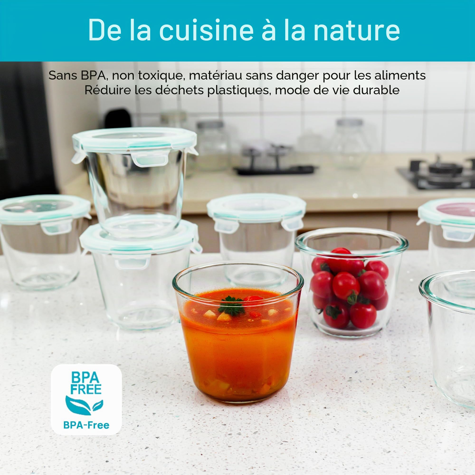 Vtopmart Lot de 6 récipients à soupe en verre de 3 tasses, récipients de congélation avec couvercles hermétiques, bocaux de conservation en verre pour salade, fruits, déjeuner, restes, sans BPA