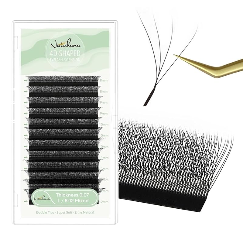 Extensões de cílios 4D W Clover NATUHANA, espessura 0,07, curvatura L, 8–12 mm, pretas