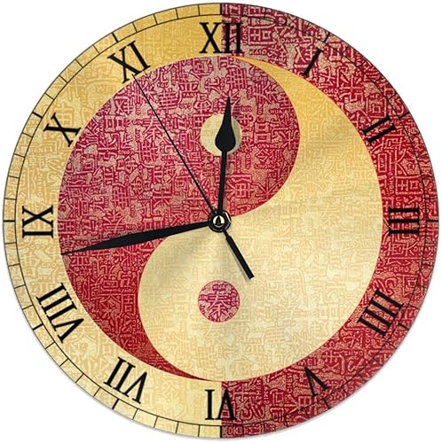 KiuLoam Yin Yang Reloj de pared redondo chino vintage silencioso sin tictac funciona con pilas, fácil de leer para estudiantes, oficina, escuela,