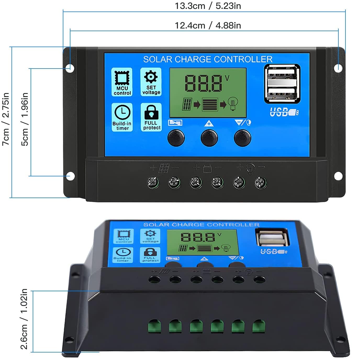 Dimensions of the TECHTONICS Solar Charge Controller in centimeters and inches