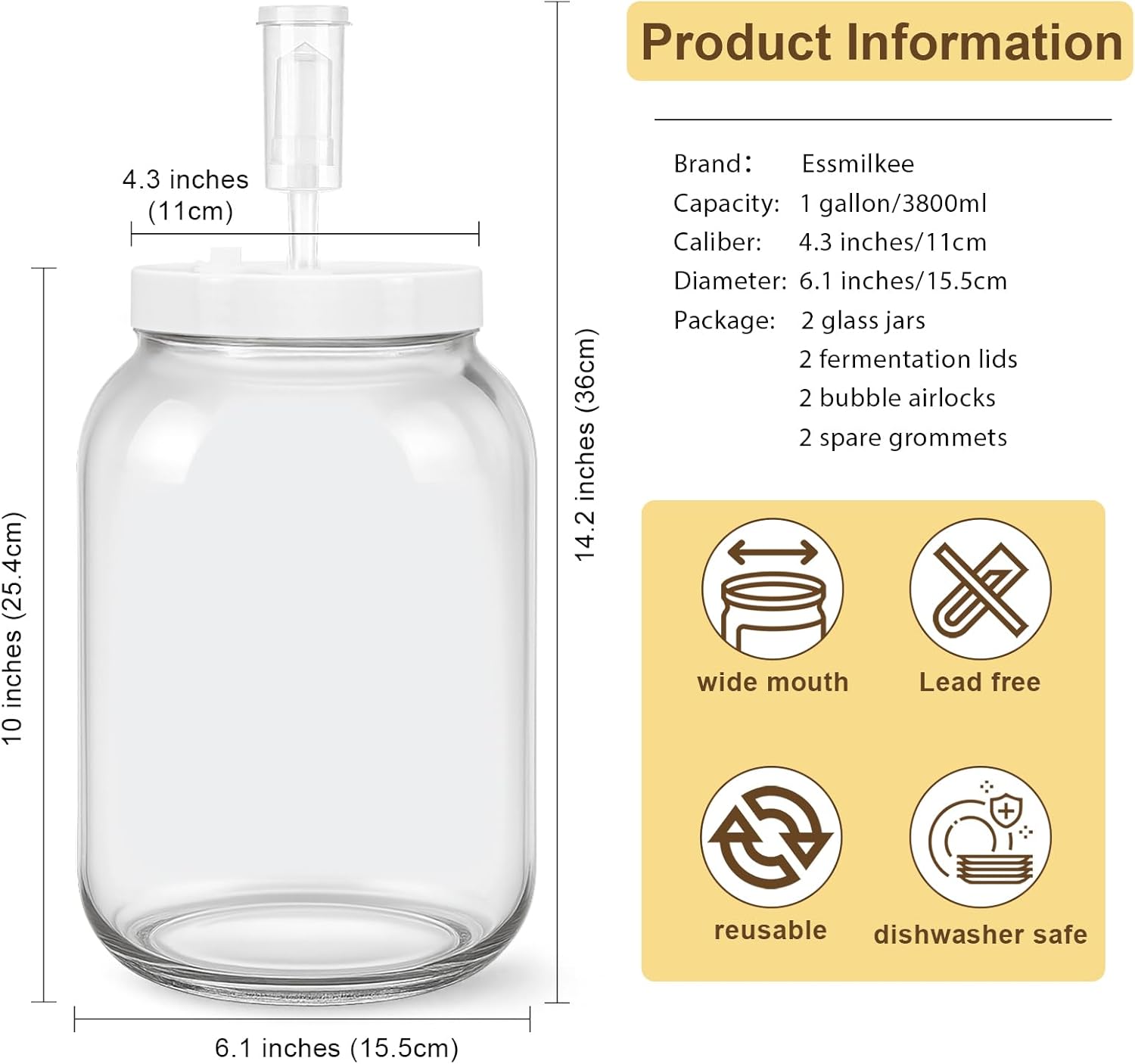 1 Gallon Large Glass Fermentation Jars for Kombucha Sourdough Starter, Wide Mouth Mead Making Kit, 2Pcs Glass Canning Jars with Fermentation Lid and Airlock