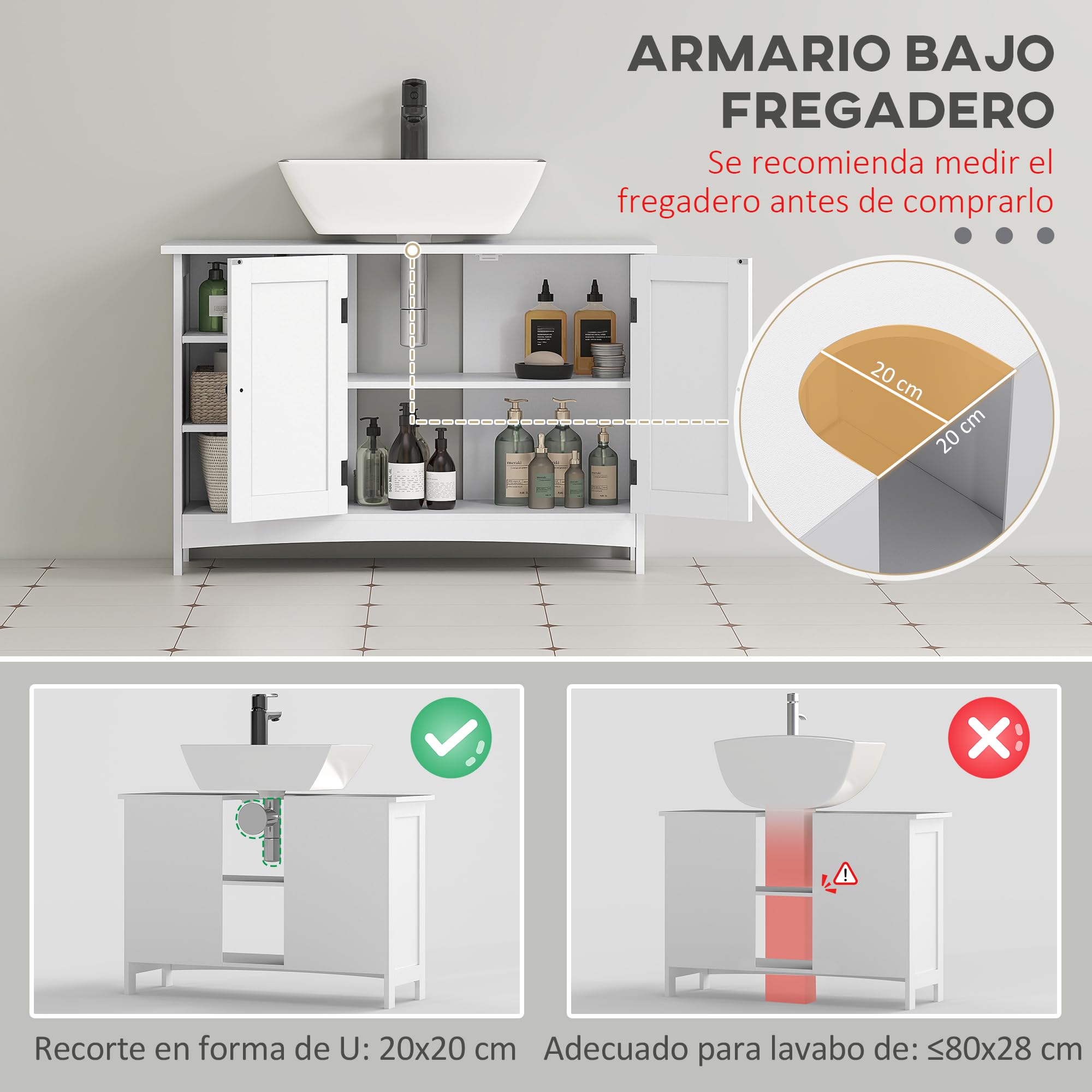 kleankin Mueble para Debajo del Lavabo Armario para Baño bajo Lavabo Moderno con Estantes Ajustables 2 Puertas y Antivuelco 90x30x60 cm Blanco