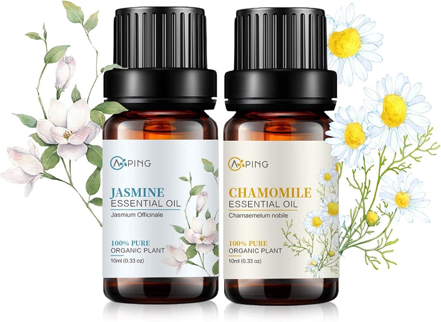 Jasmine & Chamomile Essential Oils – 100% Pure Organic Natural Plant Oils for Diffuser, Aroma, Spa, Massage, Yoga, Perfume, 2x10ML