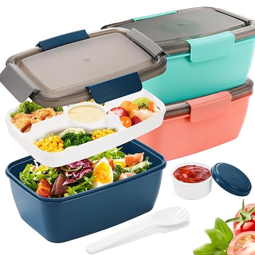 Youeon 3 Pcs 68 Oz Salad Lunch Container 4 Compartment Tray BPA-Free
