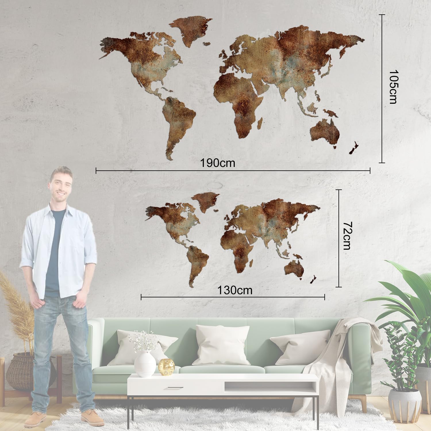 Giallobus - CARTE DU MONDE - ÉDITION SPÉCIALE - EFFET DE ROUILLE INDUSTRIEL - DÉCORATION MURALE EN MDF - 130x72 CM