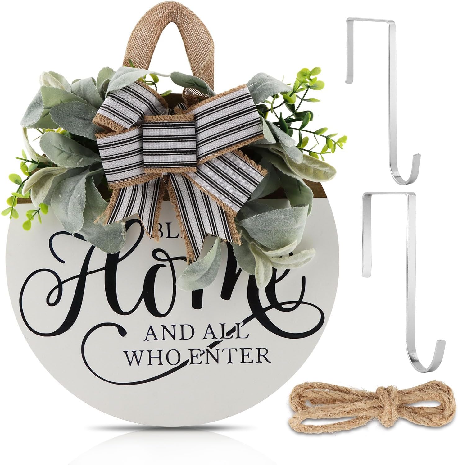 Welcome Sign for Front Door, Farmhouse Porch Decor Set, Wooden Wreath Sign with 2 Hooks, Rustic Welcome Wall Hanging, Housewarming Gift for New Homeowners, Bless This Home(Color:White)