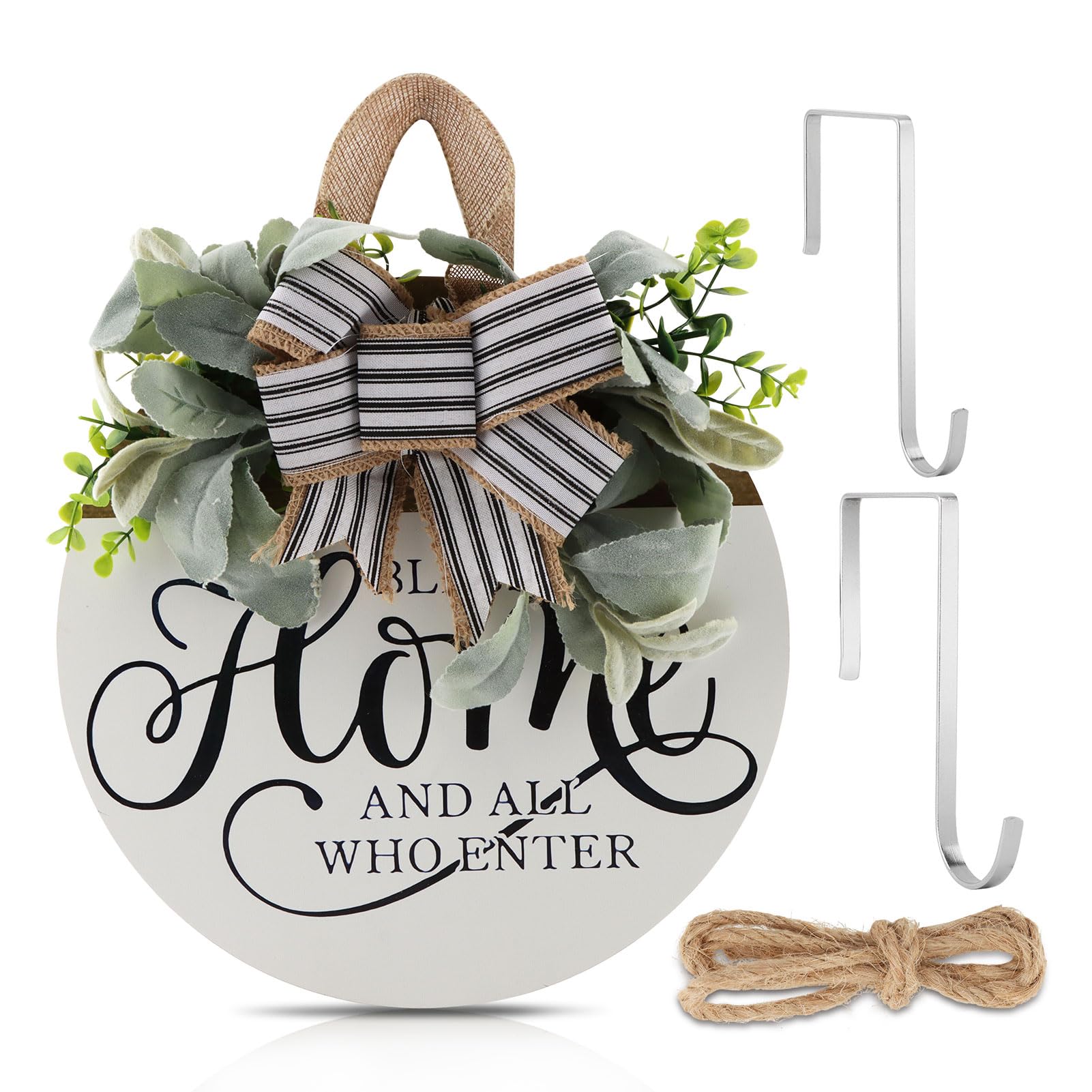 Welcome Sign for Front Door, Farmhouse Porch Decor Set, Wooden Wreath Sign with 2 Hooks, Rustic Welcome Wall Hanging, Housewarming Gift for New Homeowners, Bless This Home(Color:White)