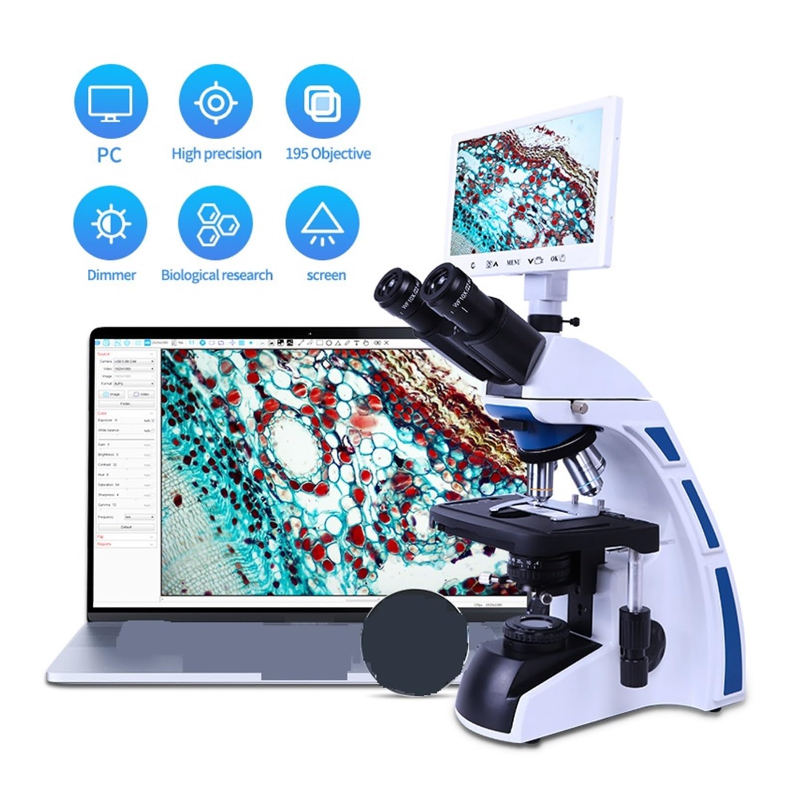 Microscopio biológico Digital LCD de 7 Pulgadas con cámara Digital de 40-1600X y Platina mecánica Ajustable. Amplia Gama de usos.