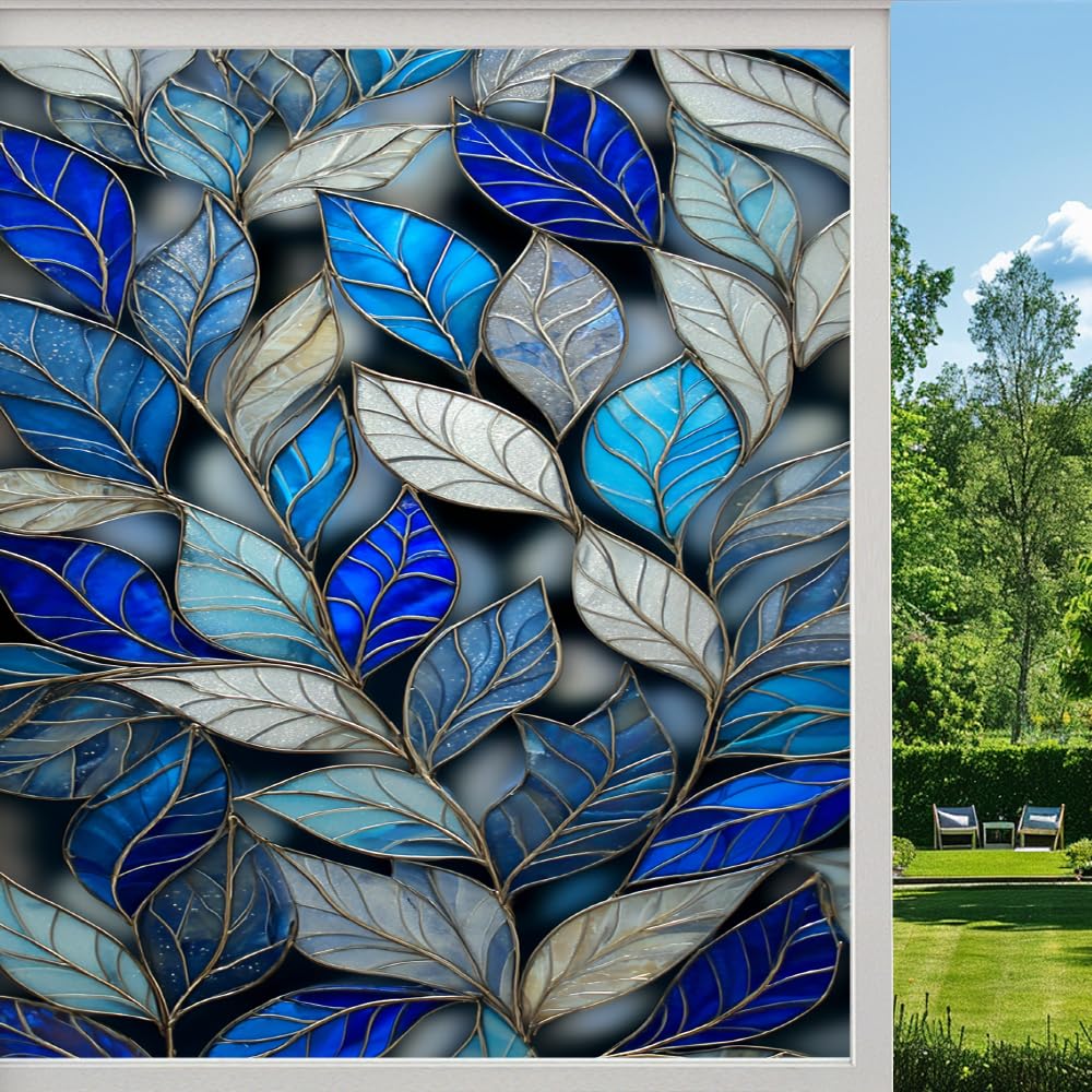 Pmlbaous Colorful Leaves Stained Glass Window Film, Natural Plant Texture Peel And Stick Privacy Film, Frosted Adhesive Vinyl Decorative For Bathroom Windows Glass Doors, （80X120cm）