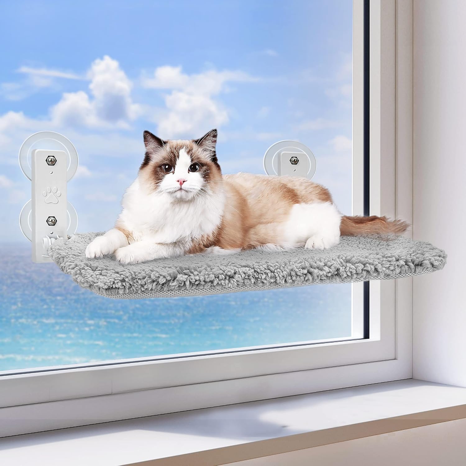 Zoratoo Cordless & Foldable Cat Window Perch with Metal Frame and Reversible Cover for Indoor Cats, Two Types of Installation Cat Hammock with Anchors&Screws for Wall and 4 Suction Cups for Window(L)