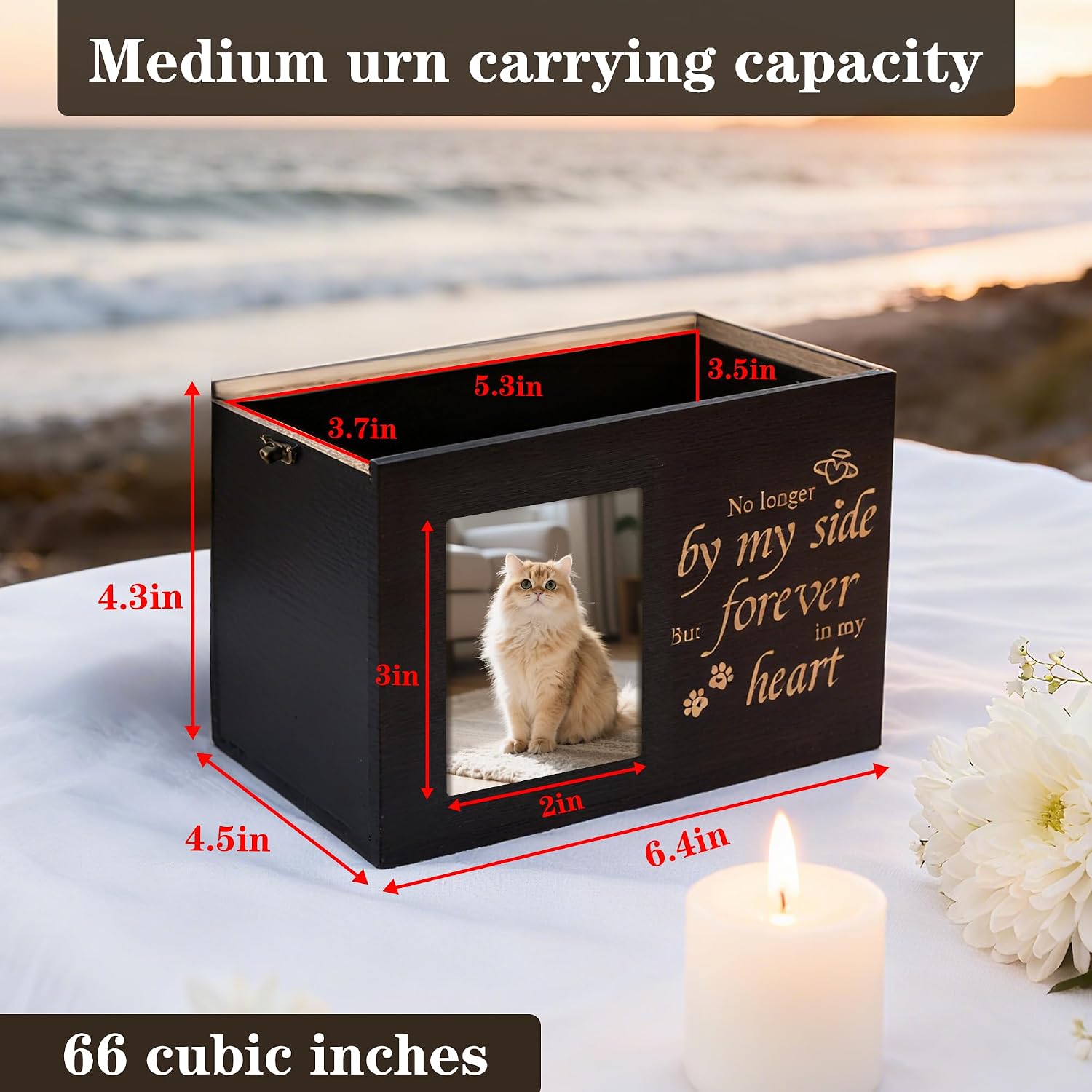 pet urns for cats or dogs ashes with photo frame, wooden memory box for keepsakes with black flannel as lining, cat memorials cremation urns for ashes(black medium)
