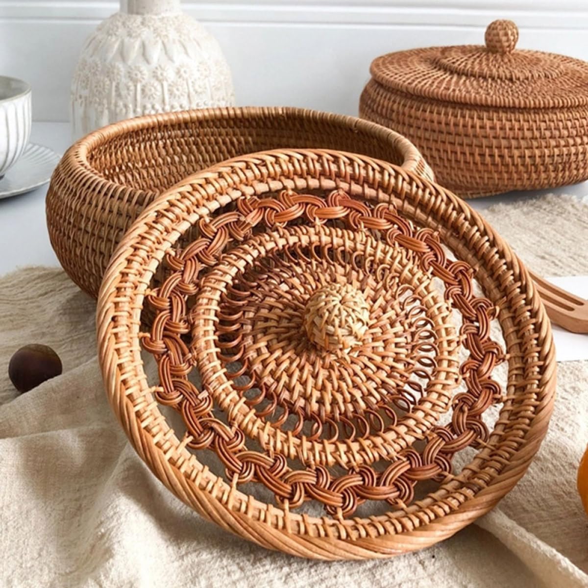 LALAFINA Scatola Porta Dolci Contenitore Robusto in Rattan Sintetico Intrecciato Coperchio come per Snack e Caramelle la Casa lo Studio