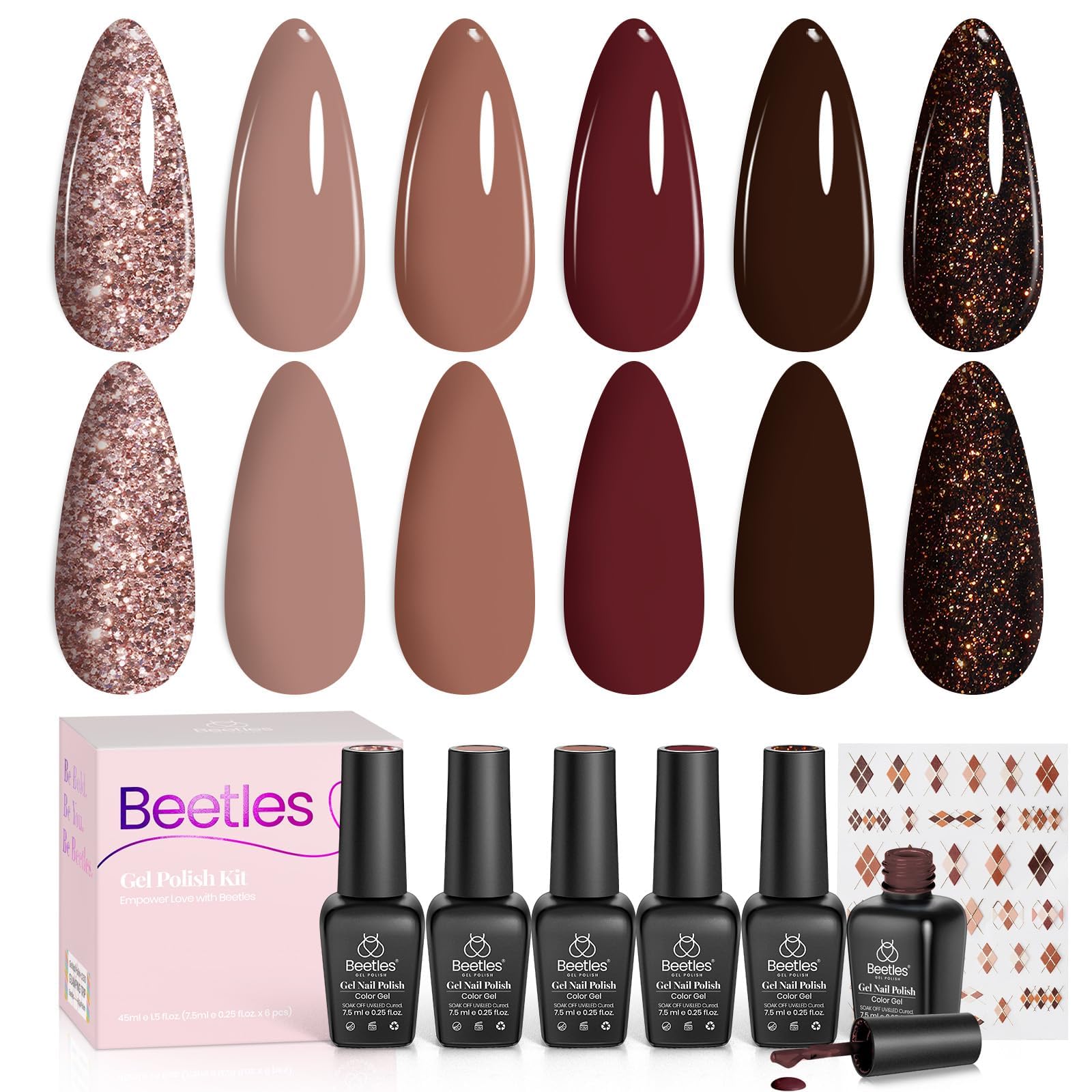 Set Dark Brown Gel Nail Polish 6 Colors Glitter Burgundy Red Gold Black Sparkle Nail Kit Soak Off Led Manicure DIY Home Salon Gifts for Girls Women Academia Aesthetic