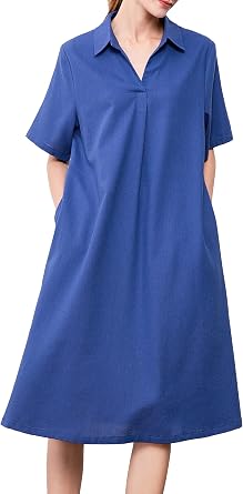 Minibee Womens Linen Shirt Dress Plus Size V Neck Midi Dresses | Short Sleeve, Collared, Summer Vacation Travel Outfit, Basic Swing Dress with Pockets, Work Beach Casual Daily Clothes