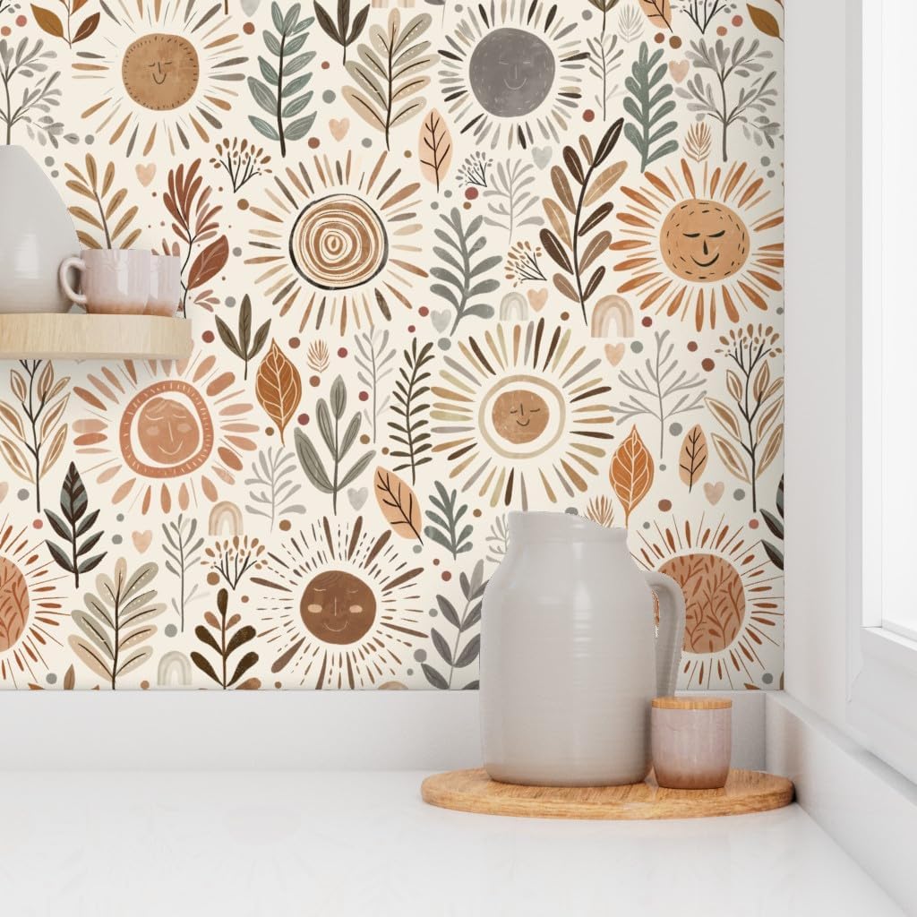 Removable Wallpaper 6ft x 2ft - Boho Winter Sun Neutral Floral Earth Tones Botanical Bohemian Witchy Whimsical Cute Custom Pre-Pasted Wallpaper by Spoonflower
