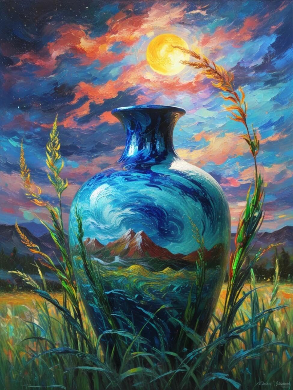 Henypt Cross Stitch Kit Vase Under the Starry Sky Landscape DIY Needlepoint Set for Adults Beginners with Accessories Handmade DIY/Gifts 14CT 50x70cm