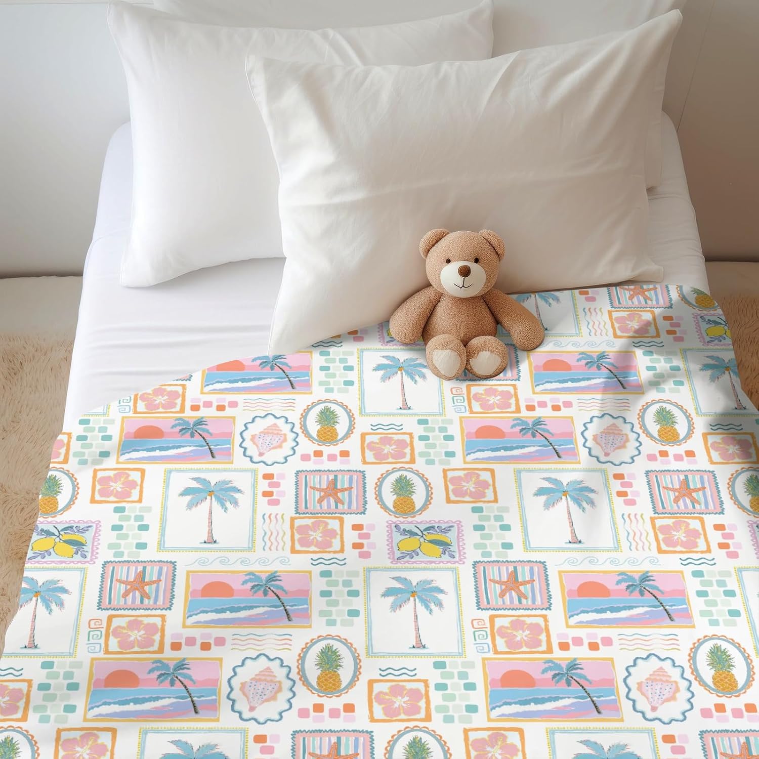Colorful Beach Patchwork Baby Blankets for Girl Bright Summer Seashells Girly Soft Flannel Nursery Bed Blanket for Infant Toddler Crib Boho Pineapple Lemon Palm Tree Starfish Swaddle Blanket 50x60