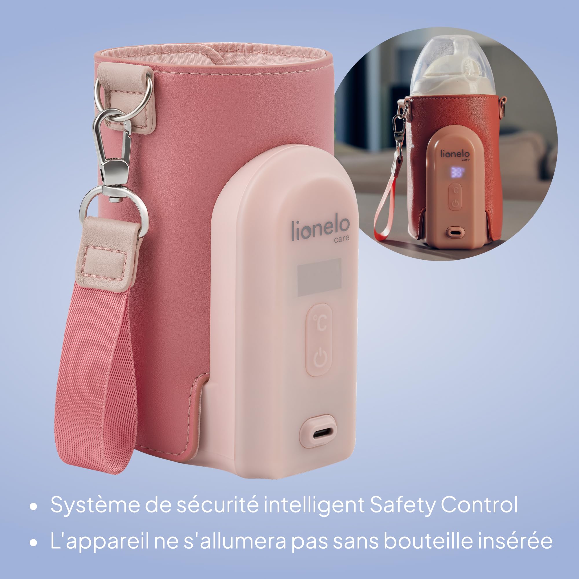 Lionelo Thermup Go Evo Chauffe-Biberon, 5 Températures 38-50°C, Écran LCD | Sans fil, jusqu'à 9 h d'autonomie, recharge USB-C, capteur de sécurité, compatible avec les biberons de 50 à 80 mm, Corail
