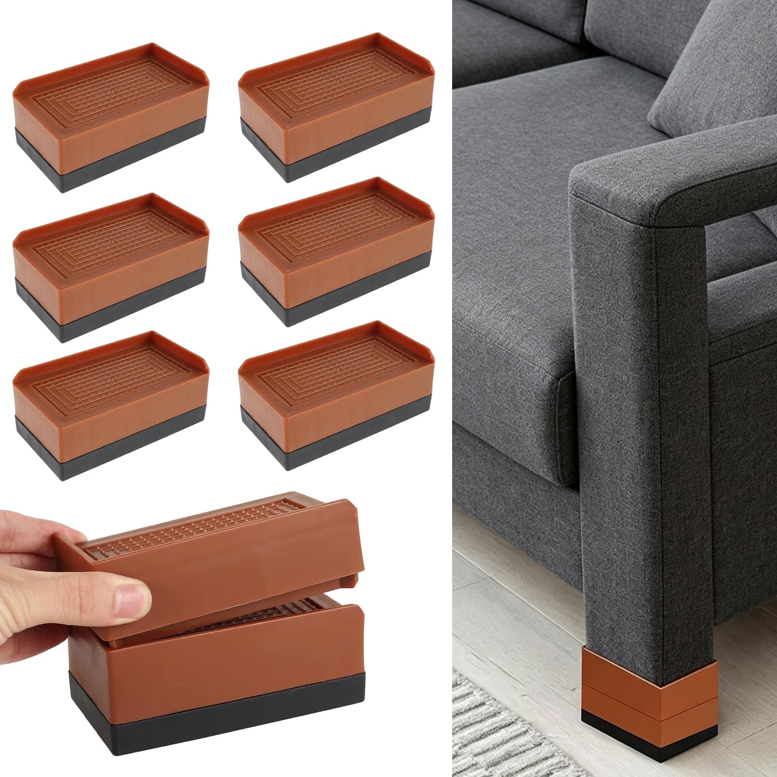 YUDAWN 8Pcs Bed Risers 2 Inch, Heavy Duty Furniture Risers Rectangular Furniture Raising Blocks Anti-Slip L-Shape Sofa Risers Supports Up to 1100lbs for Table Chair Desk (Brown)