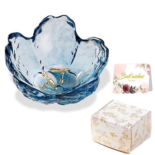 Binoster Blue Flower Glass Ring Dish Jewelry Tray Ring Holder Dish Cute Room Decor Vanity Organizer for Nightstand or Bathroom Aesthetic Trinket Dish Gift for Wife Mom Daughter