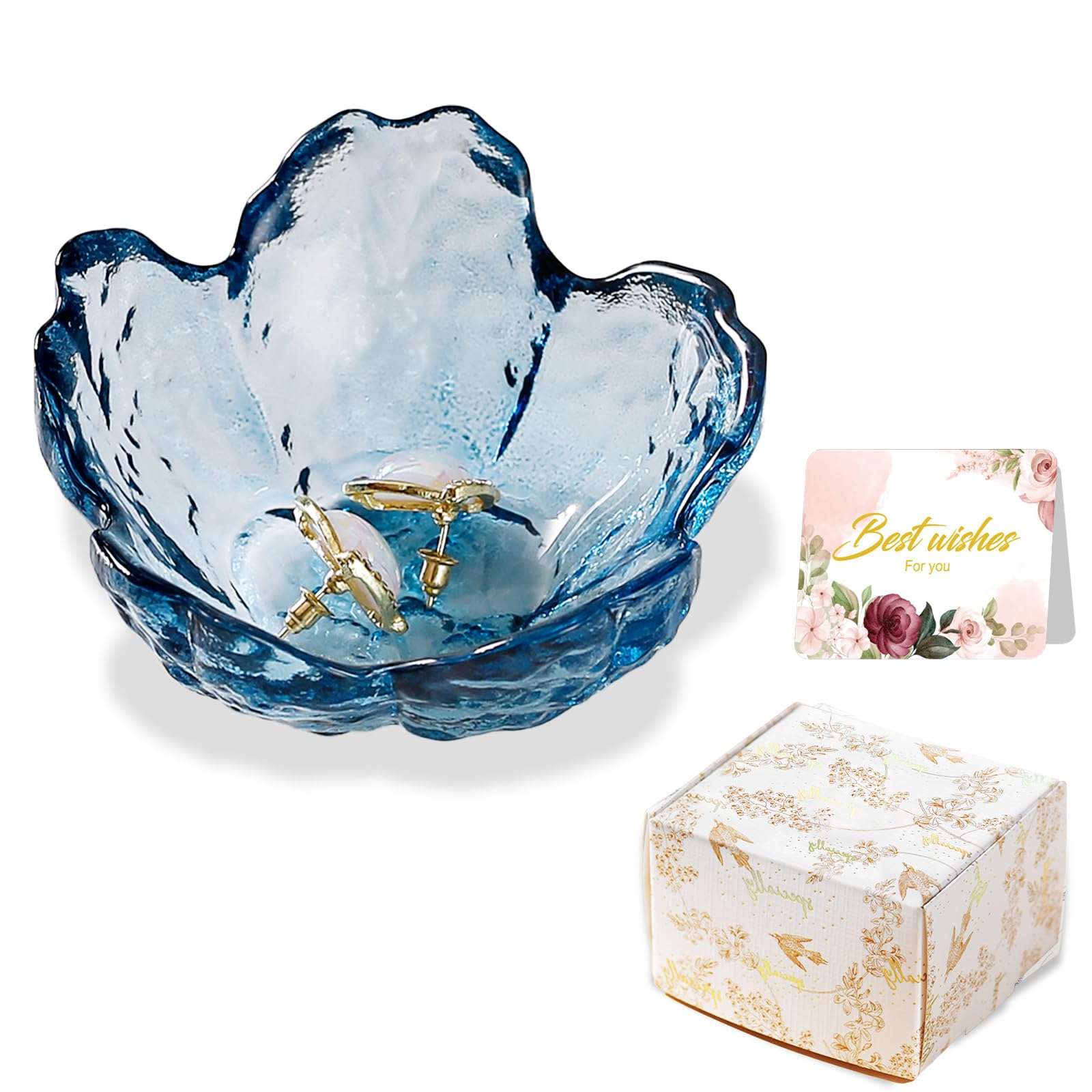 Blue Flower Glass Ring Dish Jewelry Tray Ring Holder Dish Cute Room Decor Vanity Organizer for Nightstand or