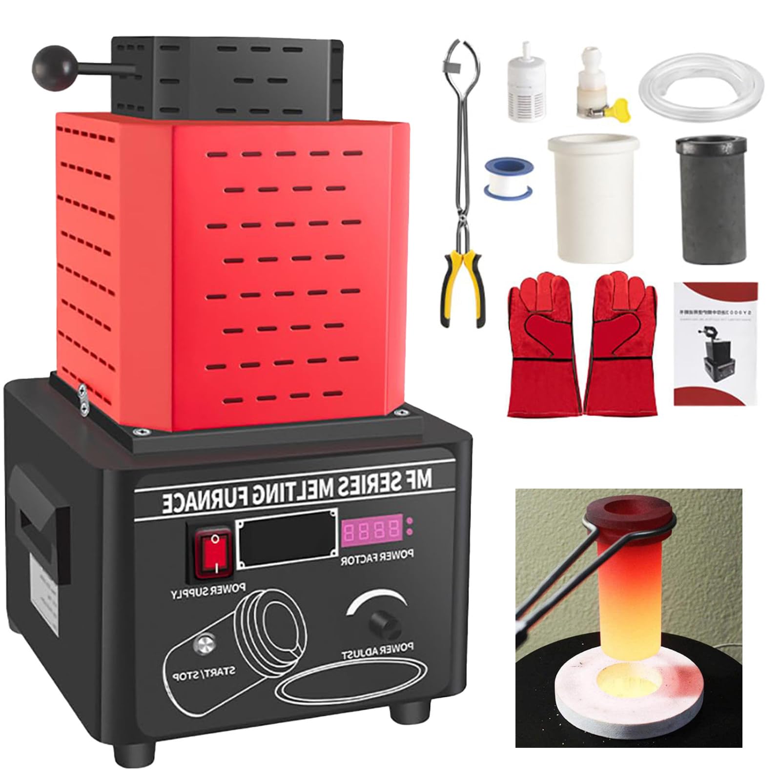 SENJINGHUA Electric Gold Melting Furnace, 1600℃ /2912℉ Digital Melting Furnace Machine, Metal Casting Kit With Graphite Crucible, 5000W Smelting Furnace, Smelting Time 3-5 Minutes Red-3kg