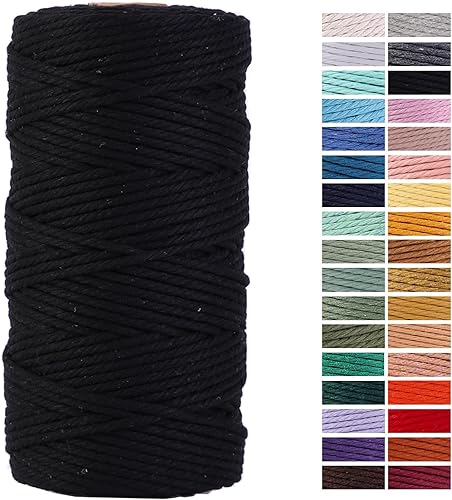 Cordón de macramé negro de 0.118in x 109 yardas, cuerda de algodón de colores para colgar en la pared, colgar plantas, manualidades, proyectos