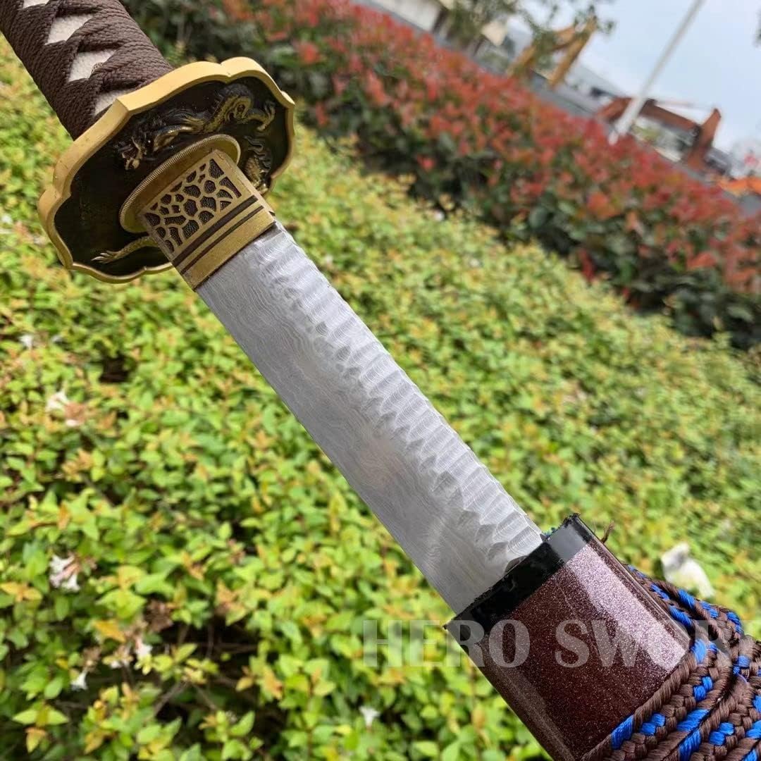 HERO SWORD-Handmade Damascus Folded Steel,Stone Pattern Samurai Sword Damascus Folded Steel God Beast Katana Real Sharp Japanese Weapon Combat Ready