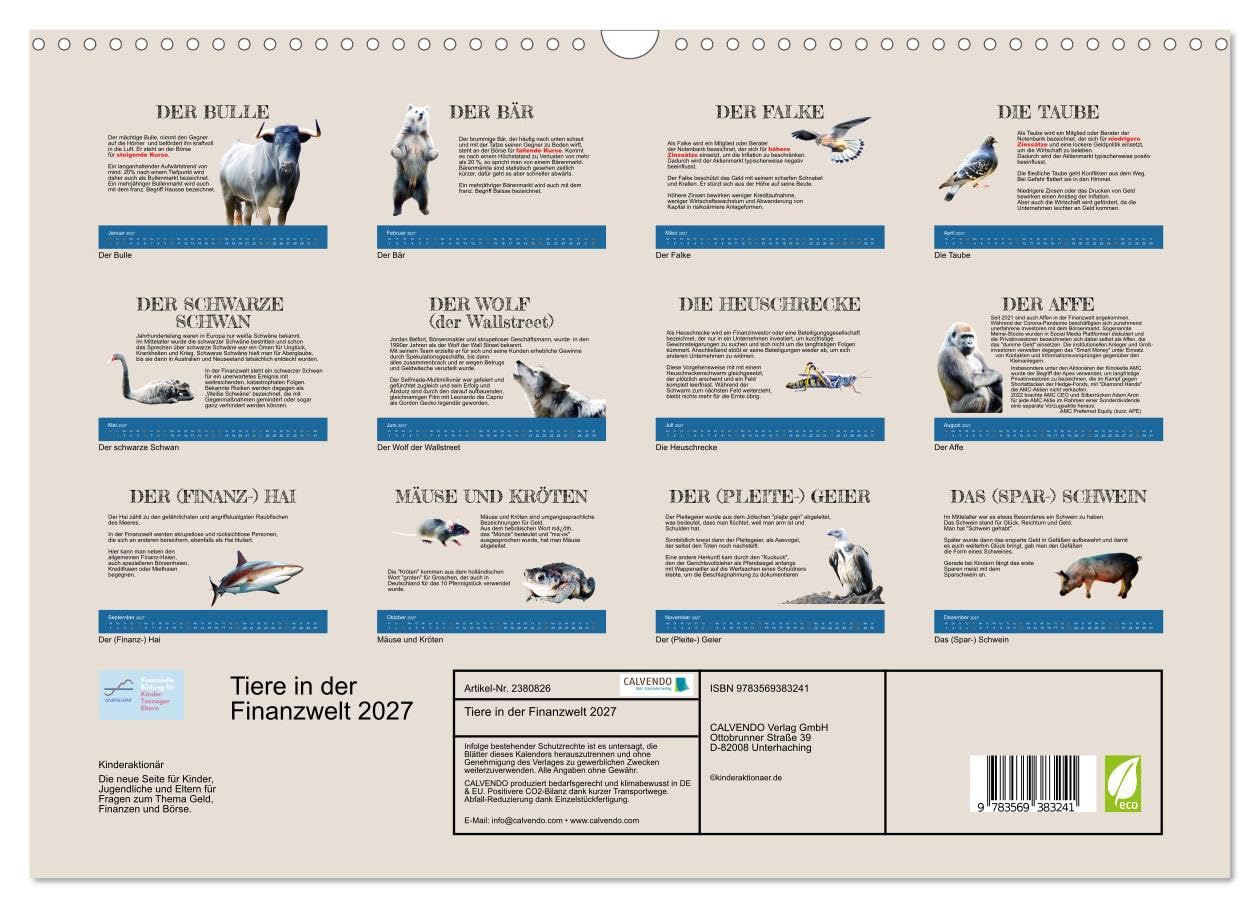 CALVENDO - Tiere in der Finanzwelt 2027 (Wandkalender 2027 DIN A3 quer), Monatskalender: Von Bullen, Bären, Falken und Tauben.