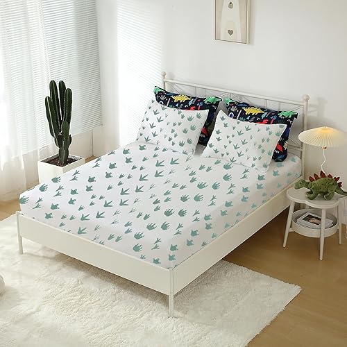 Miniatura 5 de Juego de edredón de dinosaurio tamaño individual para niños y adolescentes, 7 piezas de cama en una bolsa, juego de ropa de cama con estampado 3D de