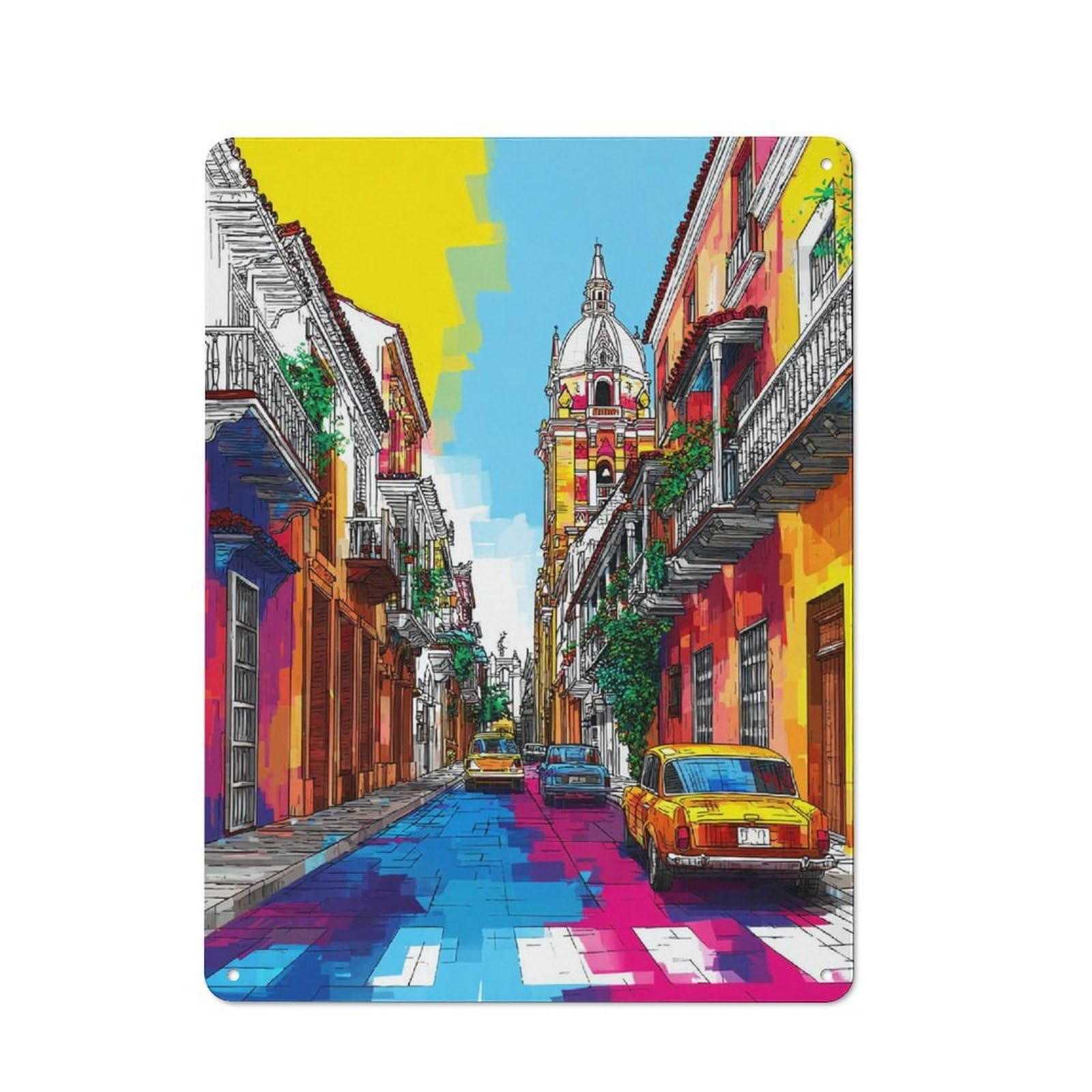 Junmoney Colorful Street Scene With Cathedral Decorative Tin Sign With Design 40X30cm, Farmhouse Cottage Wall Art For Farmhouse Kitchen, Pantry Or Dining Area