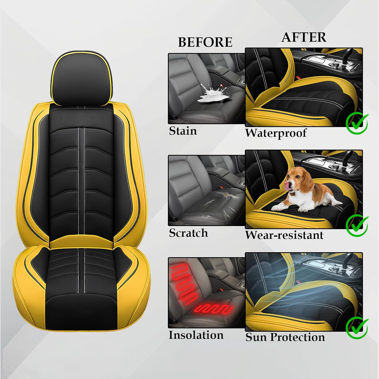 Seat Cover for Ford Mustang 1999-2024, Durable Waterproof Sports Seat Cover，Premium Leather Seat Protector(2 Seats Standard, Black Yellow)