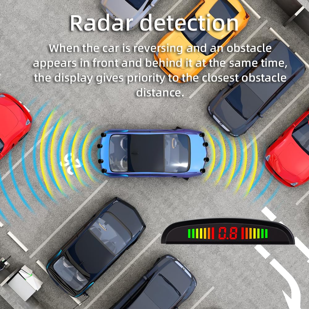 Einparkhilfe mit 8 Vorne Hinteren Parksensoren mit Summer LED-Anzeige (8 Sensoren, Schwarz)