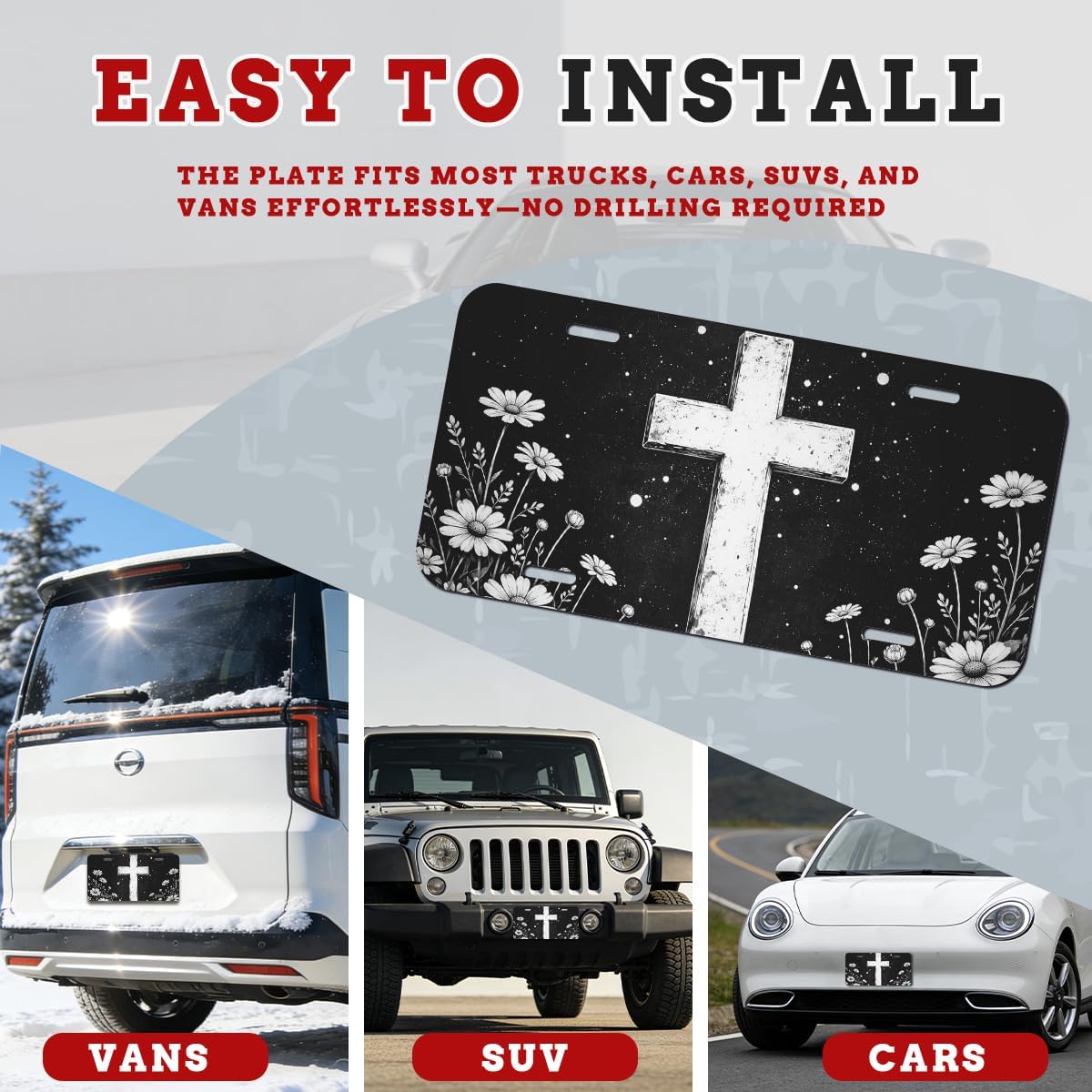 Christian Front License Plate Cross Daisy Flower Faith Vintage Aluminum Decorative License Plates Funny Novelty Vanity Tag Cover 12×6 Inch Car Decor Accessory with 4 Holes for Men Women