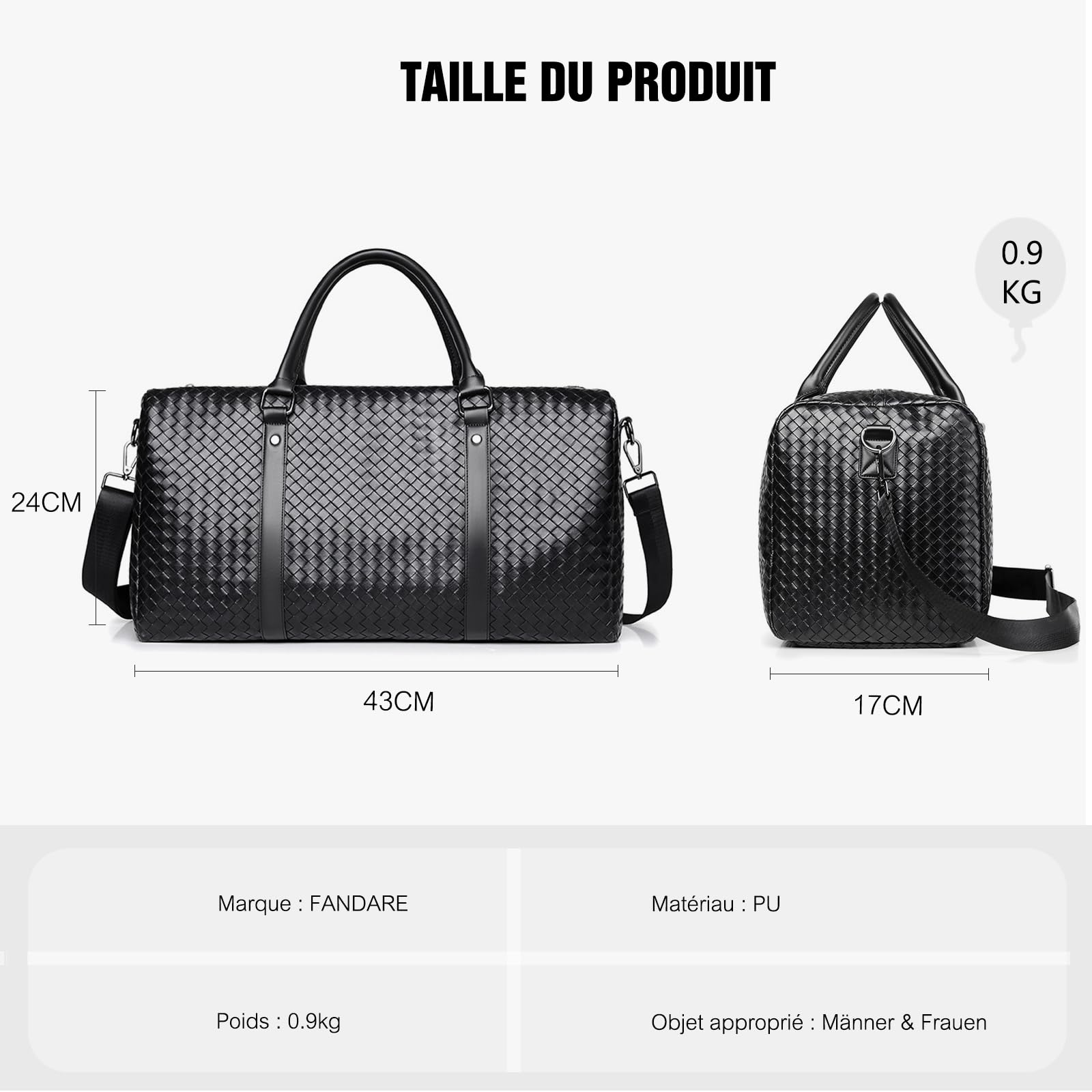 FANDARE Sac de Voyage pour Femme Homme Sac de Bagage à Main PU Cuir Tissé Sacs de Sport Grand Format Sacs bandoulière Weekend d'Hôpital Sport de Gym avec Compartiment Humide/Sec PU Cuir Marron